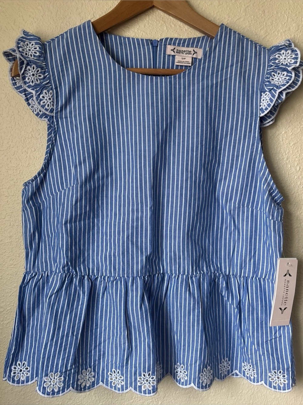 Nannette Lepore Blue and White Striped Eyelet Peplum Tank